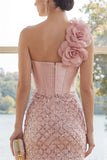 Glittrande enaxlad rouge Bodycon miniklänning med 3D-blomma