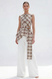Brown Grid tvådelade Bateau Neck Damkostymer