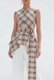 Brown Grid tvådelade Bateau Neck Damkostymer