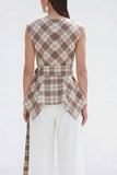 Brown Grid tvådelade Bateau Neck Damkostymer