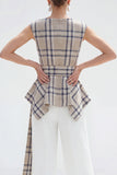 Brown Grid tvådelade Bateau Neck Damkostymer