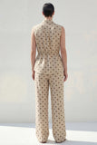 Khaki Polka Dots tvådelade damdräkter med krage