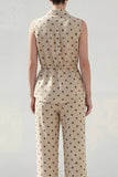 Khaki Polka Dots tvådelade damdräkter med krage