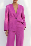 Fuchsia V-ringad satin lång damkostym med en knapp