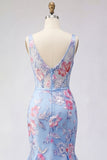 Sjöjungfrublå blommig korsett med V-hals lång balklänning