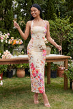 Halter Champagne Halter Sheath Maxi Blommig Klänning
