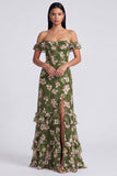 Off-the-shoulder mörkgrön blomsterfärgad volangklänning med slits