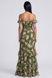 Off-the-shoulder mörkgrön blomsterfärgad volangklänning med slits