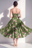 Axelbandslös A-linje Chiffon mörkgrön midi-blommig klänning