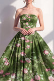 Axelbandslös A-linje Chiffon mörkgrön midi-blommig klänning