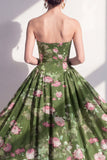 Axelbandslös A-linje Chiffon mörkgrön midi-blommig klänning