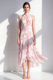 Rosa blomma A-linje Chiffon halter neck midi-klänning