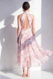 Rosa blomma A-linje Chiffon halter neck midi-klänning