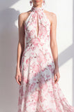 Rosa blomma A-linje Chiffon halter neck midi-klänning