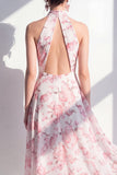 Rosa blomma A-linje Chiffon halter neck midi-klänning