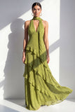A-linje gul halterneck chiffon maxiklänning med volanger