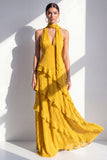 A-linje gul halterneck chiffon maxiklänning med volanger