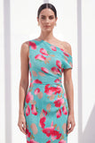 Blå röd blomma Enaxlad Bodycon Rynkad midiklänning
