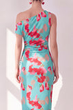 Blå röd blomma Enaxlad Bodycon Rynkad midiklänning