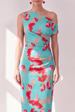 Blå röd blomma Enaxlad Bodycon Rynkad midiklänning
