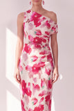 Blå röd blomma Enaxlad Bodycon Rynkad midiklänning