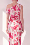 Blå röd blomma Enaxlad Bodycon Rynkad midiklänning