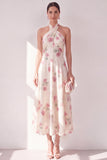 Aprikoshalter halter neck A-linje midi blommig klänning