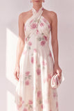 Aprikoshalter halter neck A-linje midi blommig klänning
