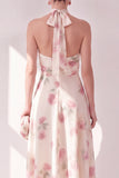 Aprikoshalter halter neck A-linje midi blommig klänning
