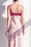 Rosa A-linje satin spaghettiband, blommig midiklänning