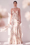 Aprikossjöjungfru Chiffon Spaghetti Straps Maxi blommig klänning med slits