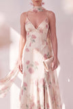 Aprikossjöjungfru Chiffon Spaghetti Straps Maxi blommig klänning med slits