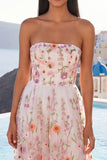 A-linje rosa axelbandslös broderad midi-blommig klänning