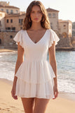 Tiered V Neck Ruffled A Line Little White Dress