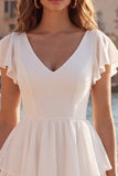 Tiered V Neck Ruffled A Line Little White Dress