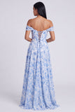 Off-the-shoulder blå blommig A-linje formell klänning med slits