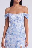 Off-the-shoulder blå blommig A-linje formell klänning med slits