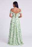 Off-the-shoulder blå blommig A-linje formell klänning med slits