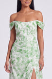Off-the-shoulder blå blommig A-linje formell klänning med slits