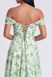 Off-the-shoulder blå blommig A-linje formell klänning med slits