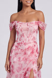 Off-the-shoulder blå blommig A-linje formell klänning med slits
