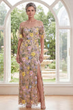 Champagne Illusion halsslida broderad blommig lång brudmorklänning med slits