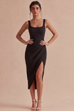 Svart Bodycon midi, rynkade tjocka axelband, formell klänning med slits