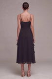 A Line Spaghetti Straps midi black tie-klänning med volanger