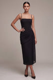 Sheath Ruched Spaghetti Straps midi Black Tie-klänning