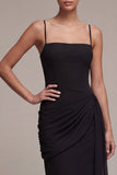 Sheath Ruched Spaghetti Straps midi Black Tie-klänning