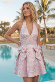 A-linje rosa halterneck-klänning med Jacquard blommig cocktailklänningar med rosett