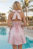 A-linje rosa halterneck-klänning med Jacquard blommig cocktailklänningar med rosett