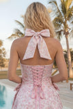 A-linje rosa halterneck-klänning med Jacquard blommig cocktailklänningar med rosett