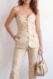 2-delade Golden Sweetheart enkelknäppta jacquard blommiga damdräkter